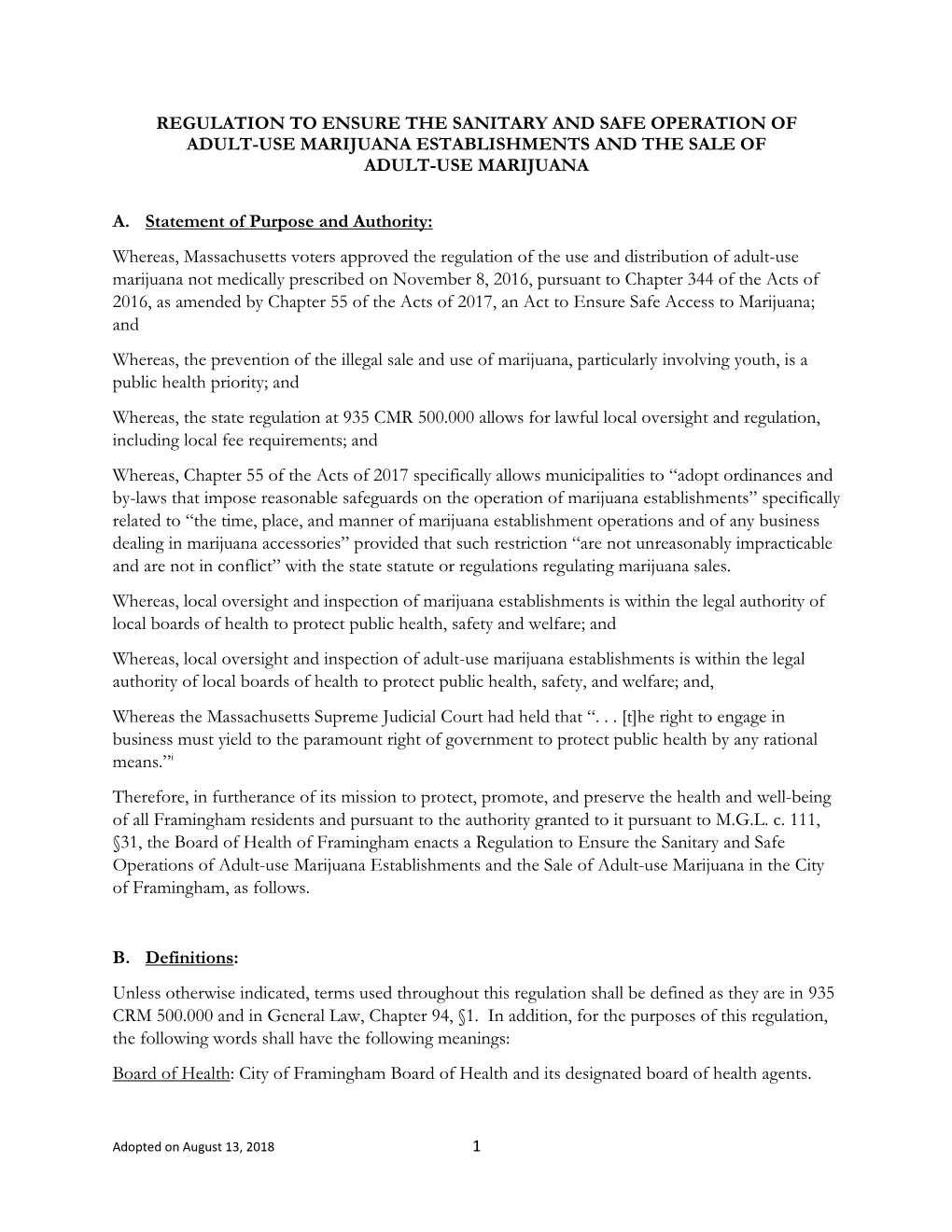 Regulation to Ensure the Sanitary and Safe Operation of Adult-Use Marijuana Establishments and the Sale of Adult-Use Marijuana