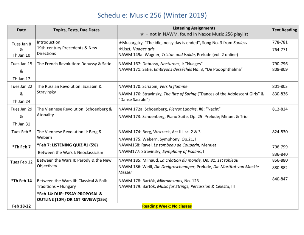 Schedule: Music 256 (Winter 2019)