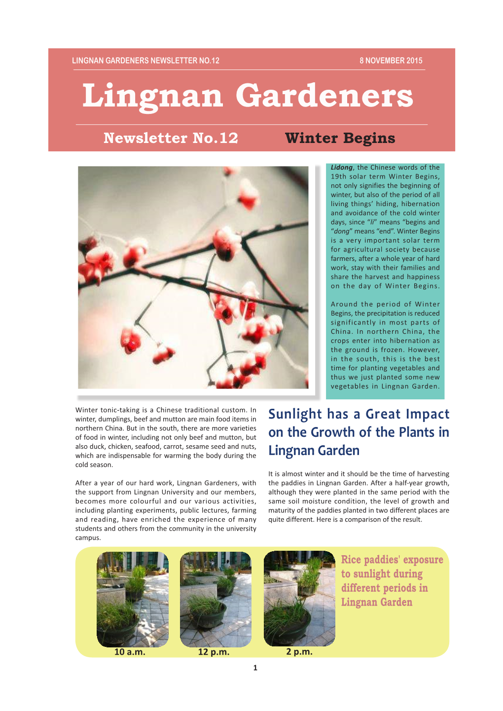 LINGNAN GARDENERS NEWSLETTER NO.12 8 NOVEMBER 2015 Lingnan Gardeners Newsletter No.12 Winter Begins