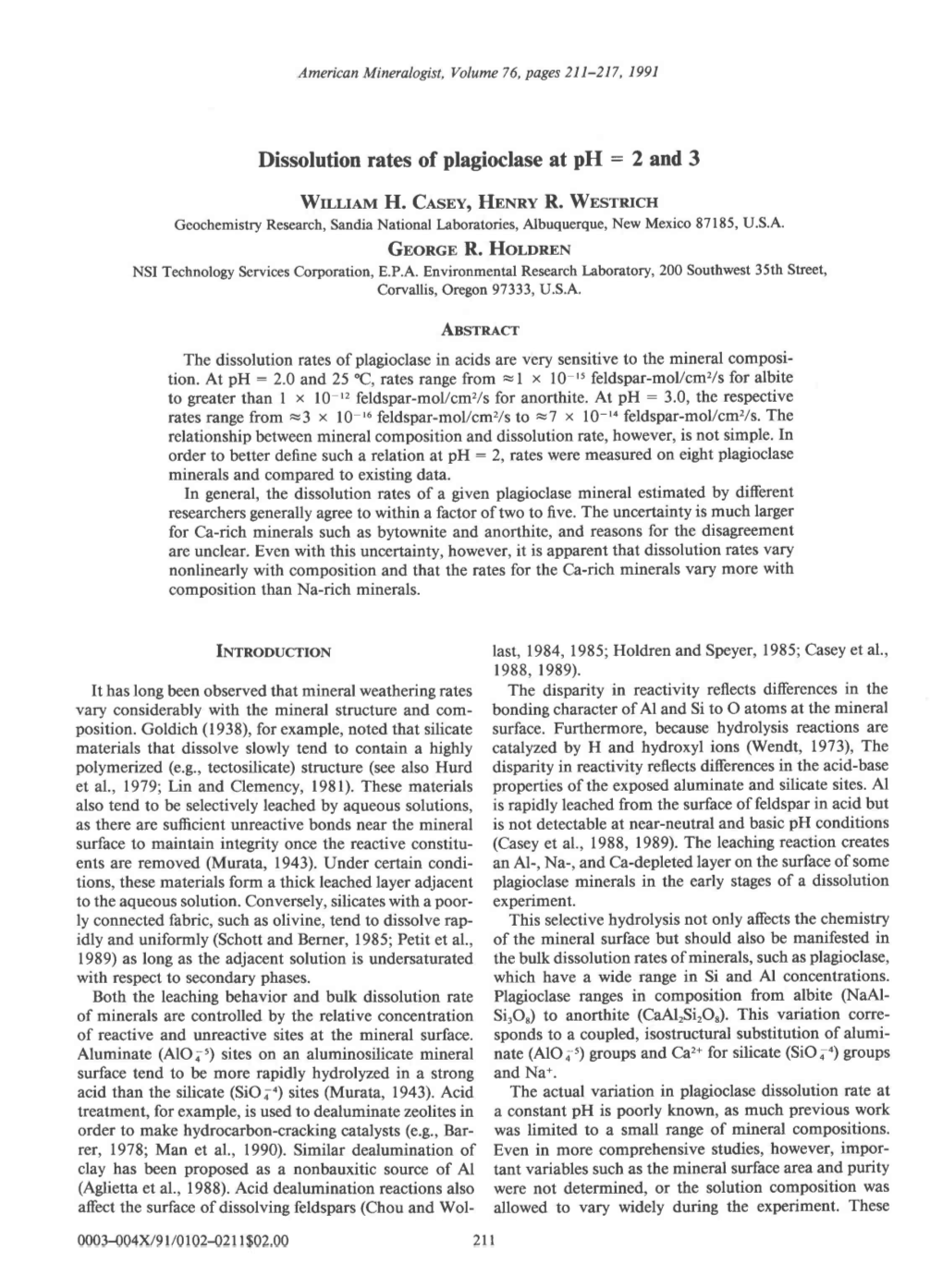 Dissolution Rates of Plagioclase at Ph : 2 and 3