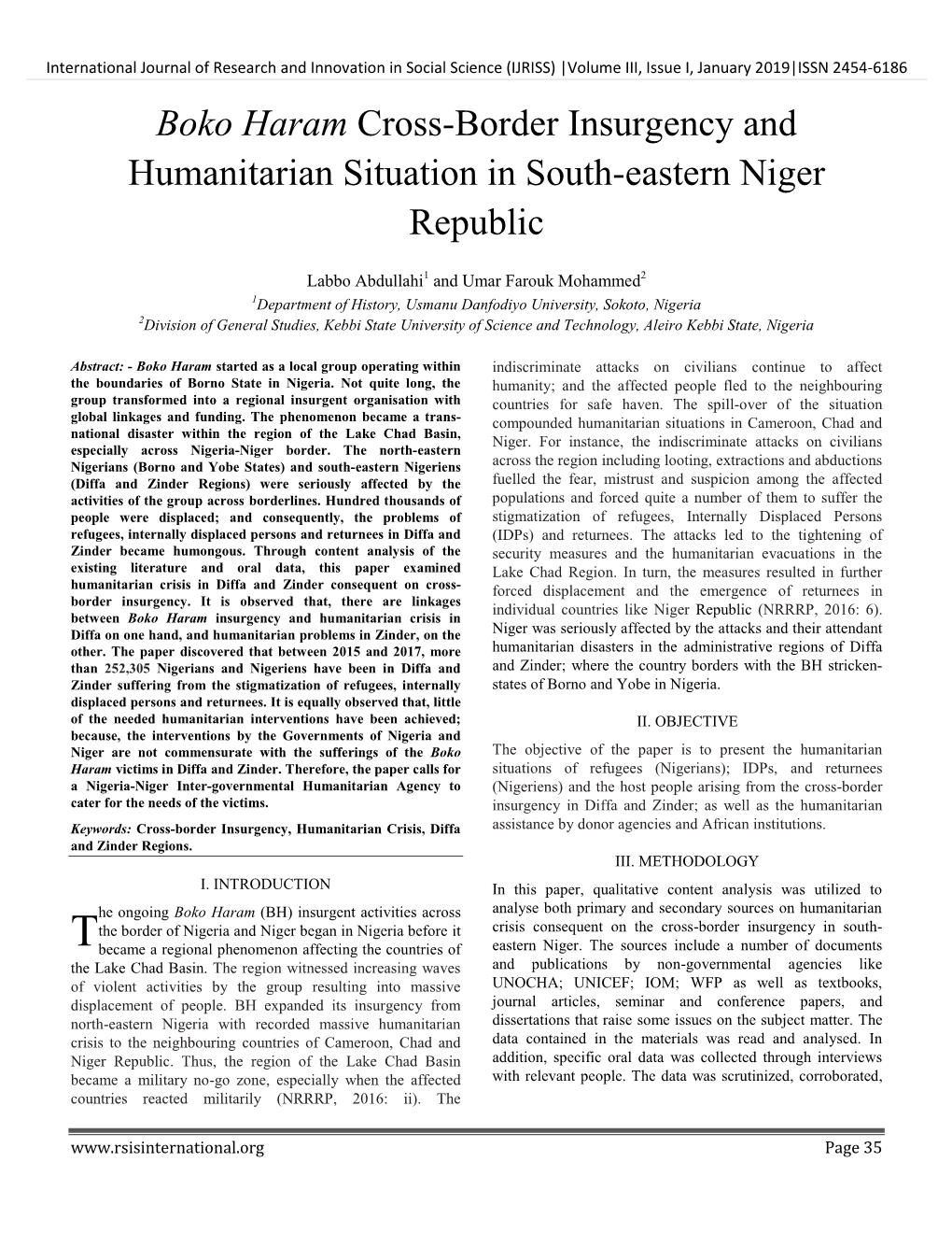 Boko Haram Cross-Border Insurgency and Humanitarian Situation in South-Eastern Niger Republic