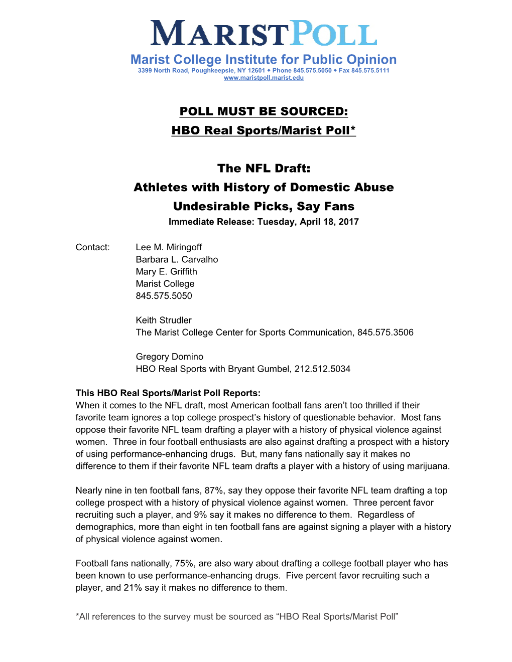 HBO Real Sports/Marist Poll* the NFL Draft: Athletes with History of Domestic Abuse Undesirable Picks, Say Fans