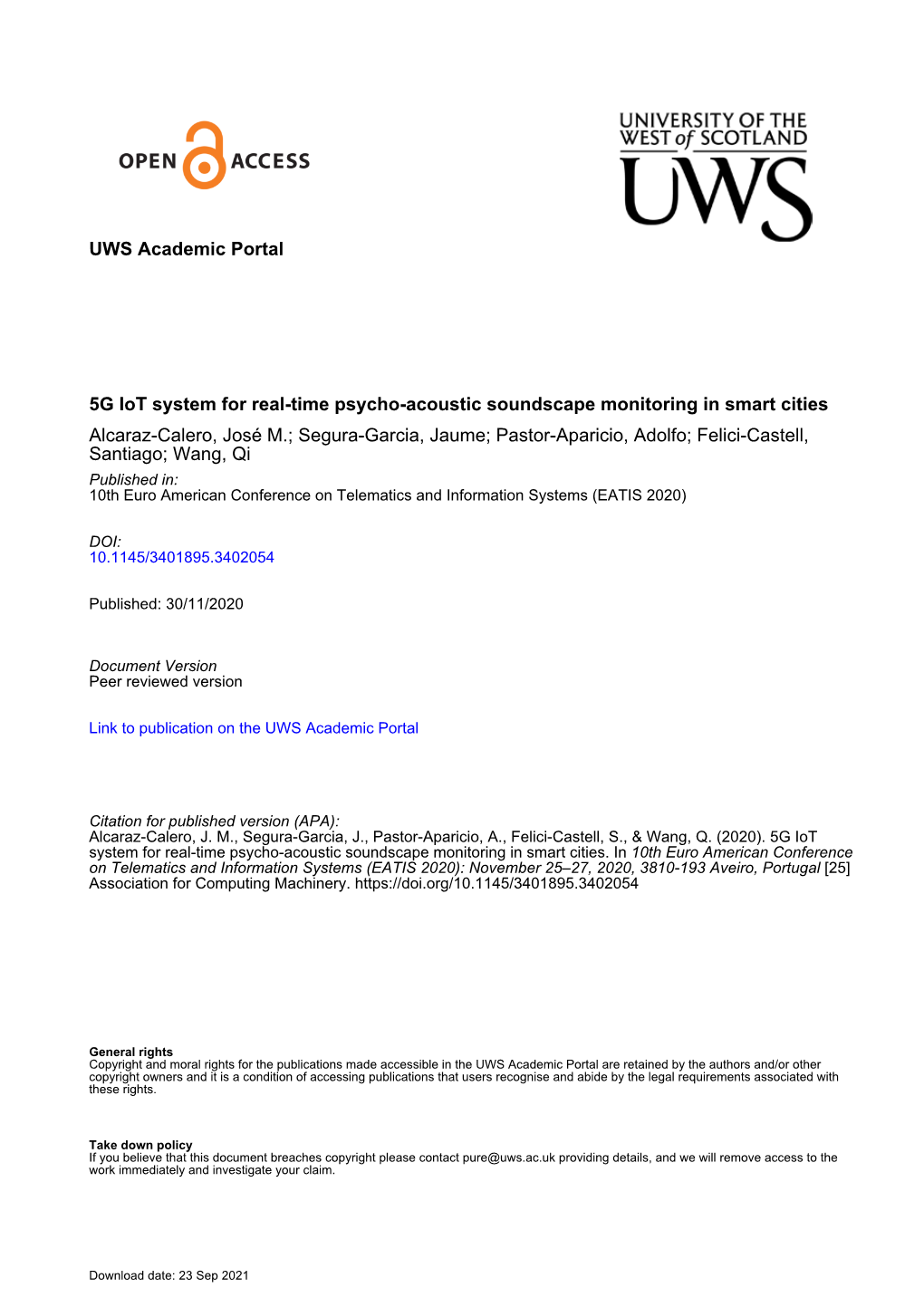 UWS Academic Portal 5G Iot System for Real-Time Psycho-Acoustic