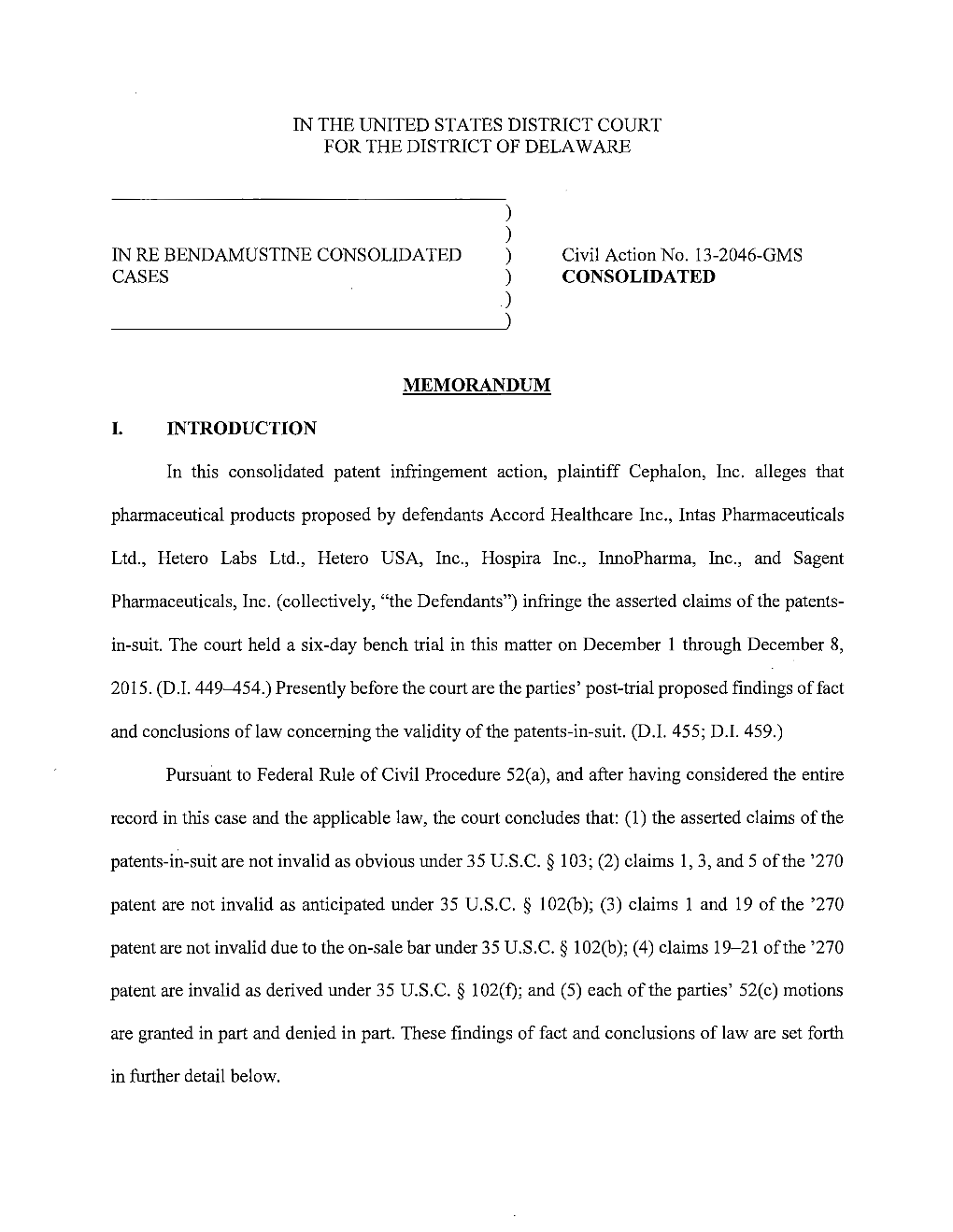 In Re: Bendamustine Consolidated Cases