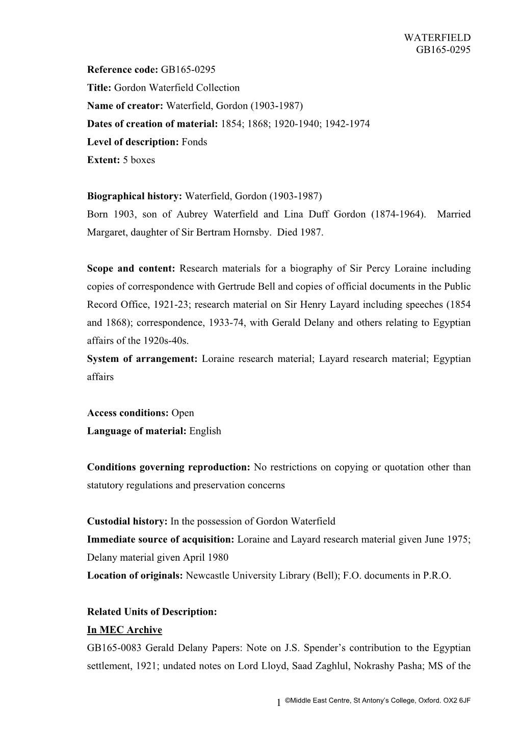 File and Item Level of the Gordon Waterfield Papers