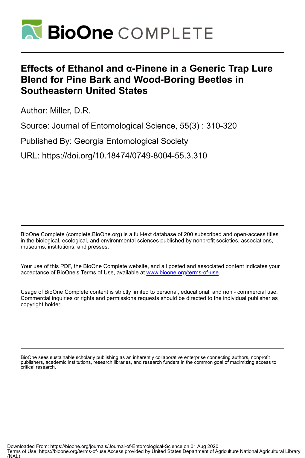 Effects of Ethanol and Α-Pinene in a Generic Trap Lure Blend for Pine Bark and Wood-Boring Beetles in Southeastern United States