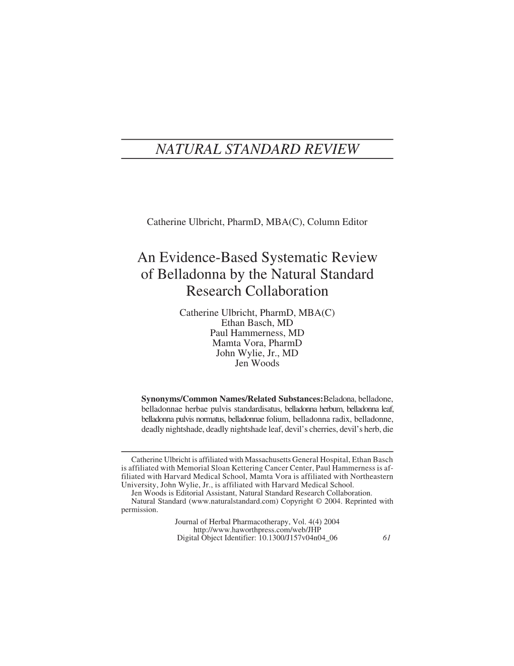 NATURAL STANDARD REVIEW an Evidence-Based Systematic Review of Belladonna by the Natural Standard Research Collaboration