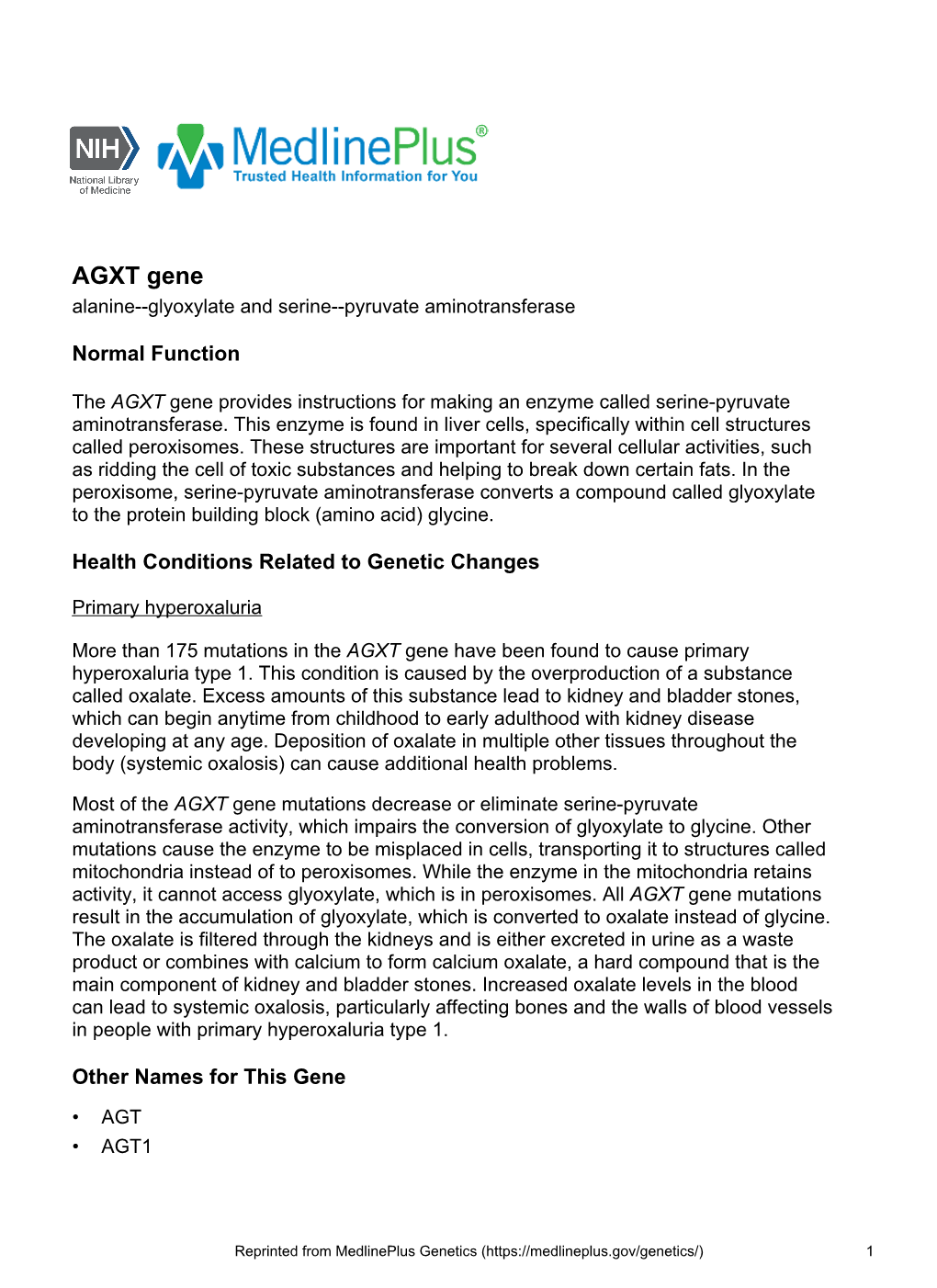 AGXT Gene Alanine--Glyoxylate and Serine--Pyruvate Aminotransferase