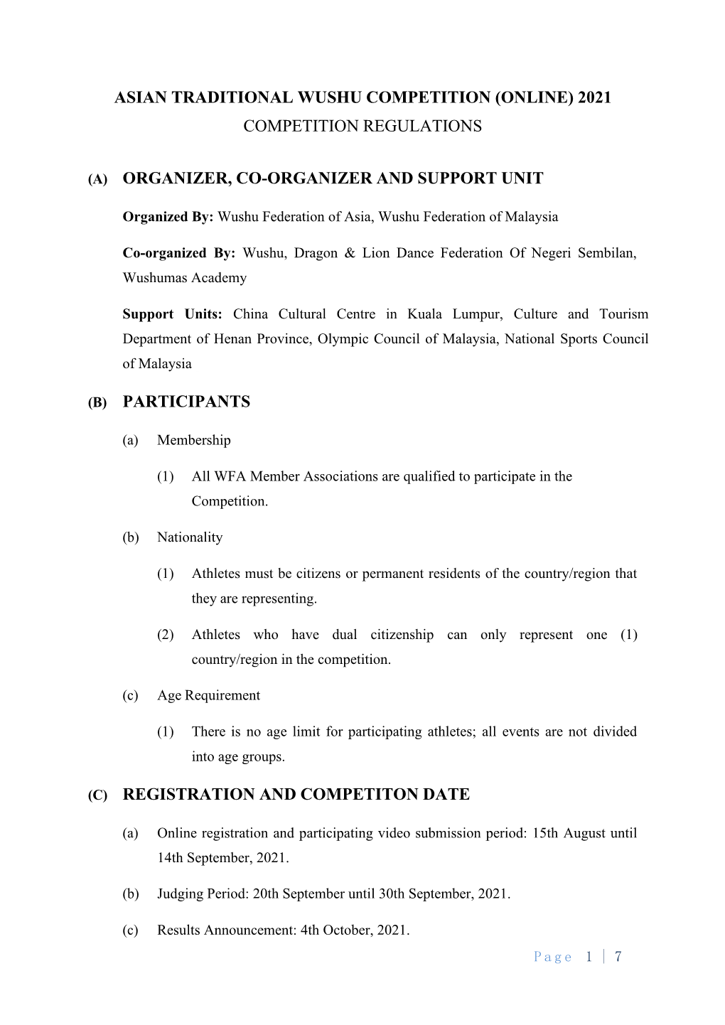 Asian Traditional Wushu Competition (Online) 2021 Competition Regulations