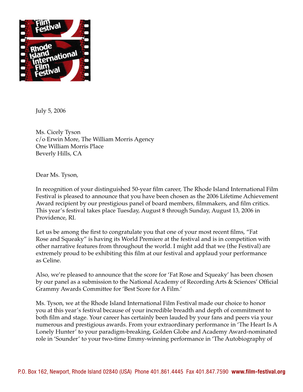 RIIFF Cicely Tyson Letter