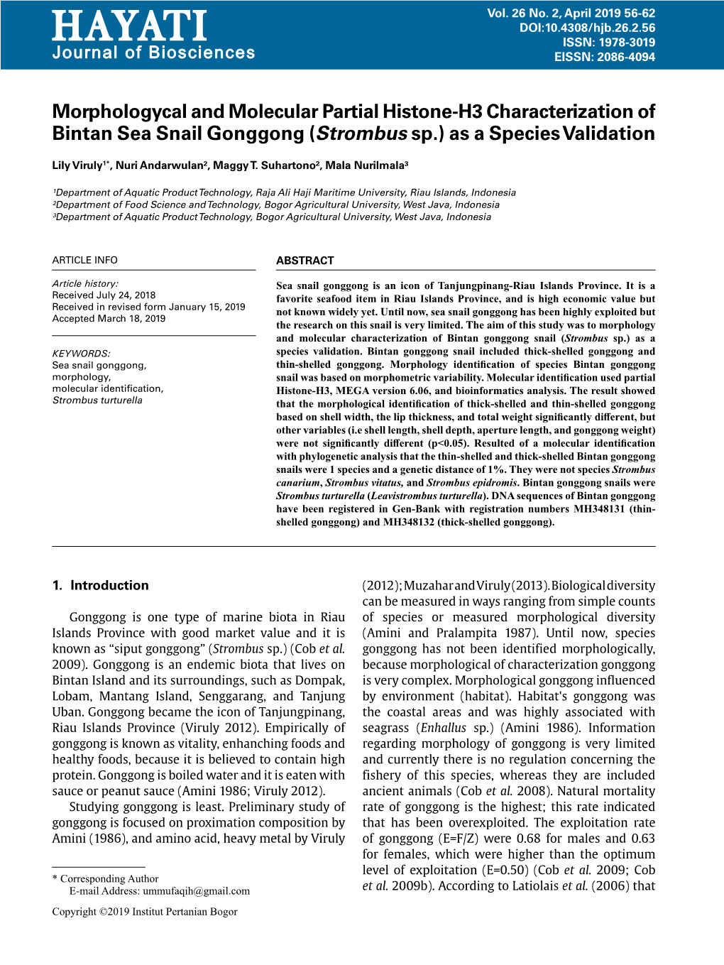 H a Y at I ISSN: 1978-3019 Journal of Biosciences EISSN: 2086-4094