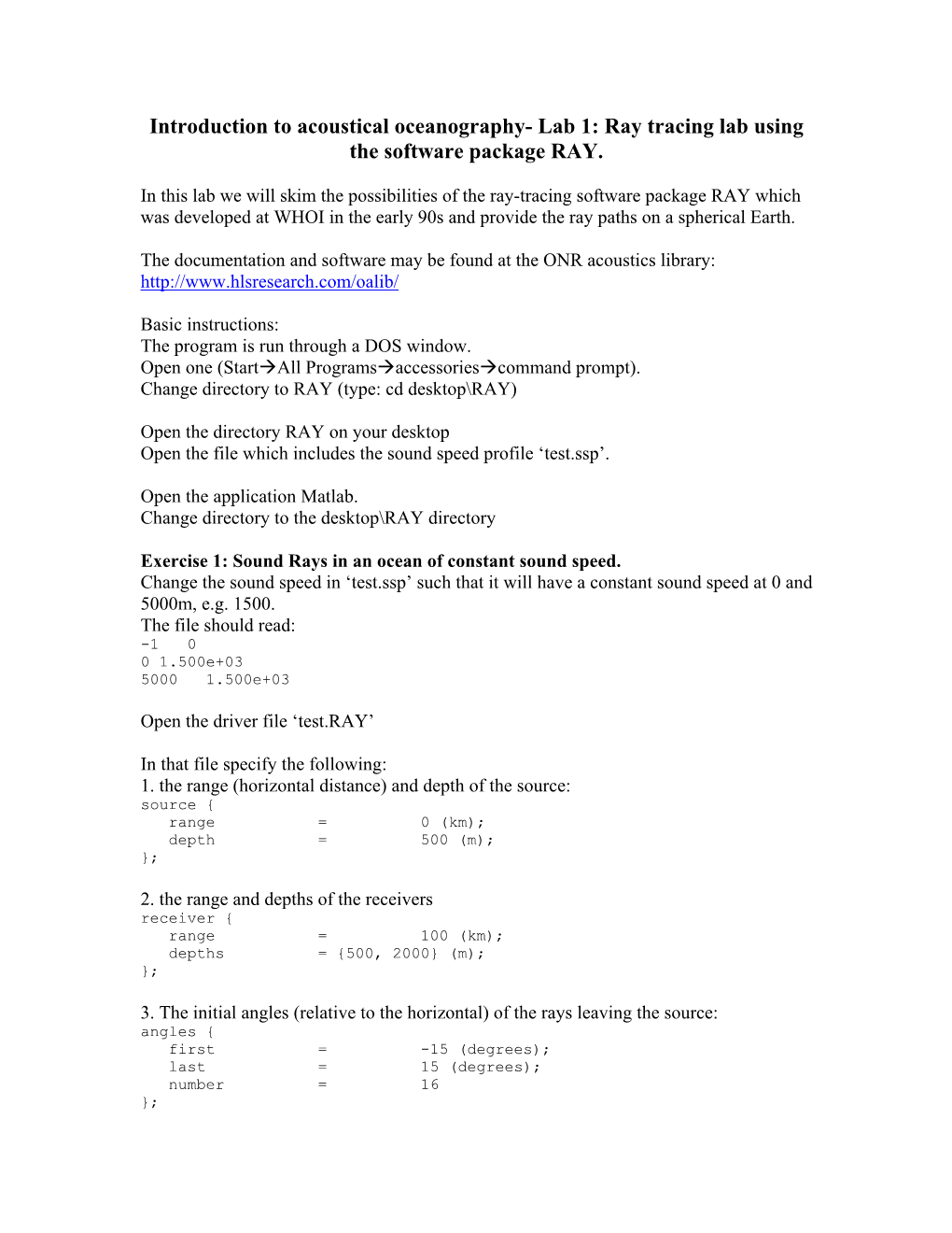 Introduction to Acoustical Oceanography- Lab 1: Ray Tracing Lab Using the Software Package RAY
