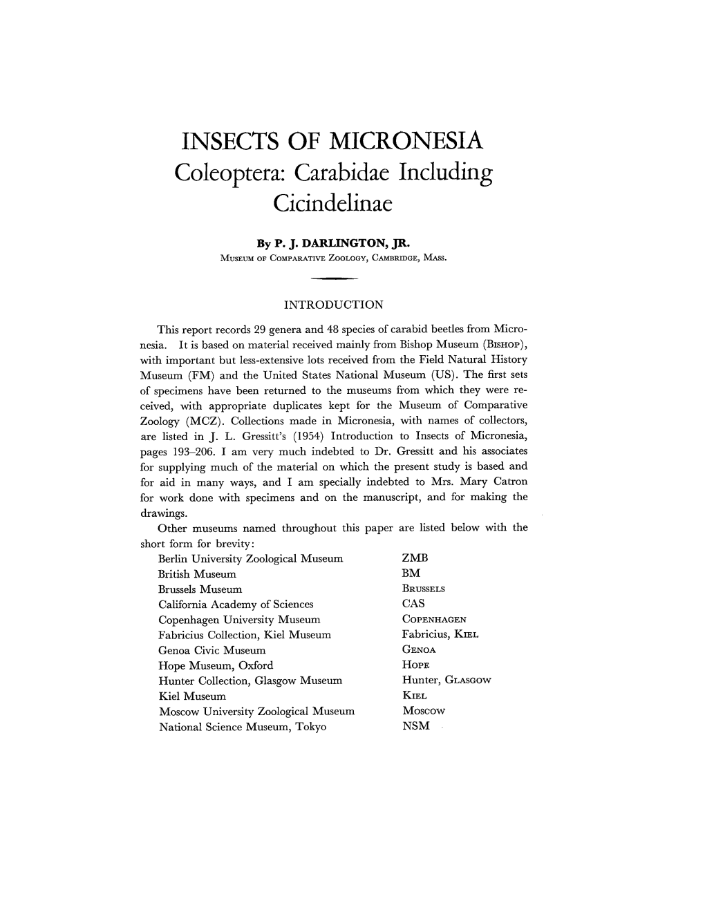 INSECTS of MICRONESIA Coleoptera: Carabidae Including Cicindelinae