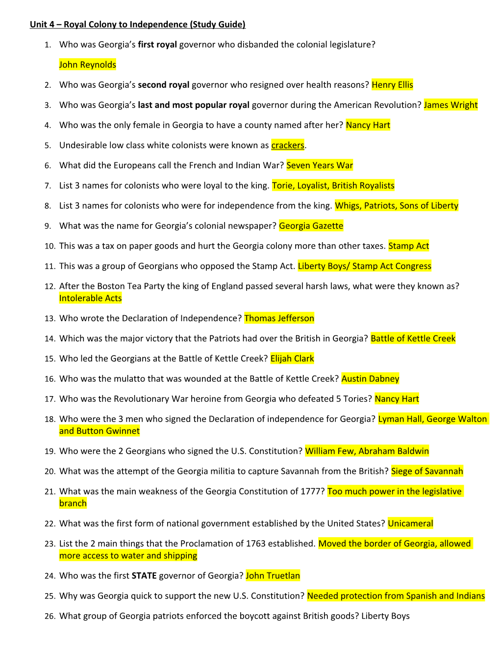 Unit 4 Royal Colony to Independence (Study Guide)