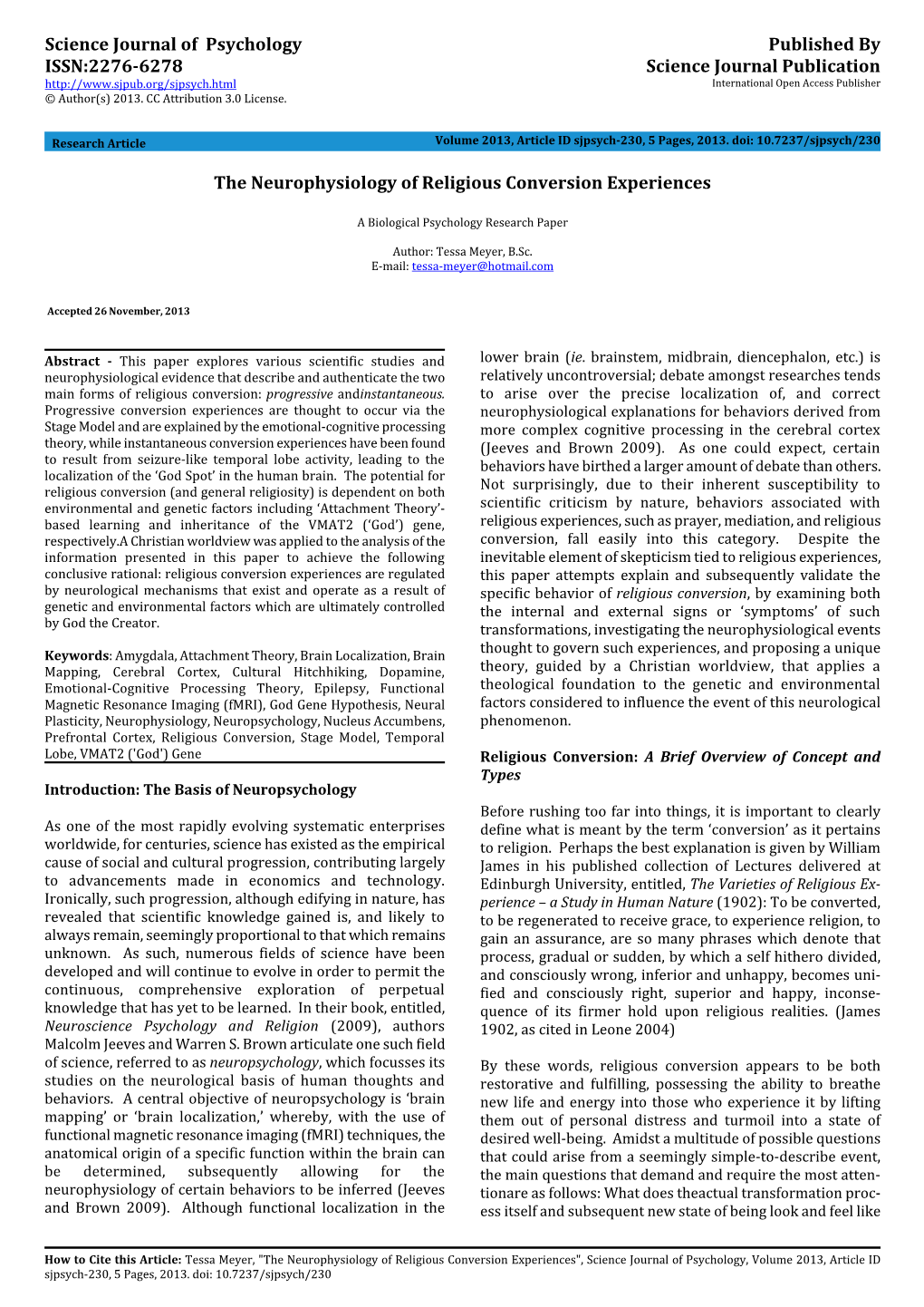 Published by Science Journal Publication the Neurophysiology Of