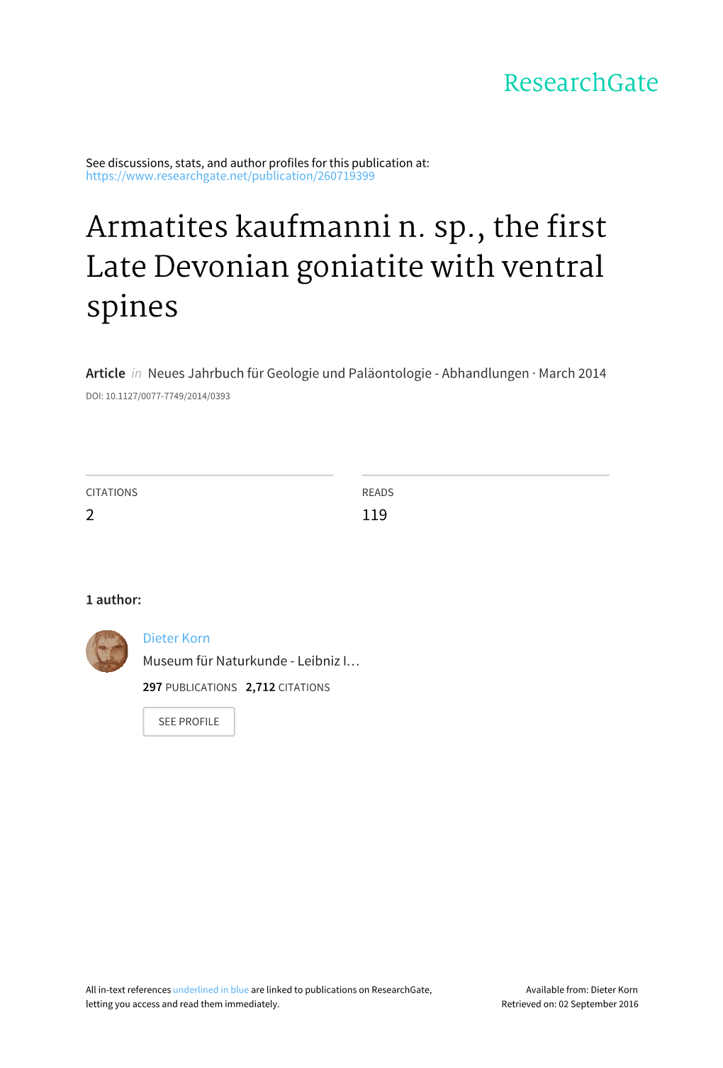 Armatites Kaufmanni N. Sp., the First Late Devonian Goniatite with Ventral Spines