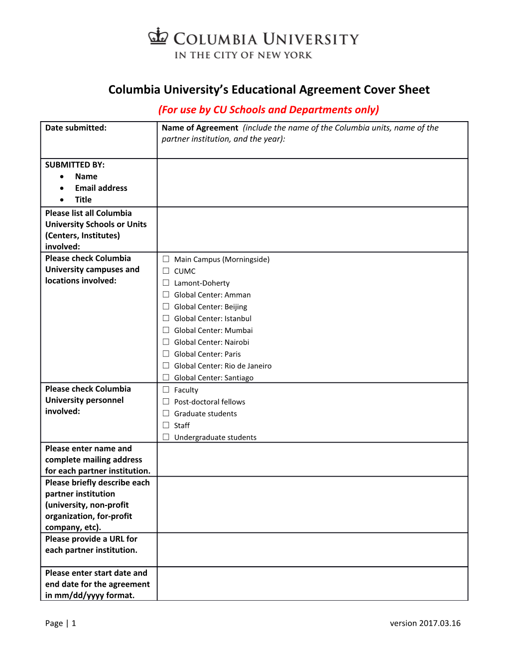 Columbia University S Educational Agreement Cover Sheet