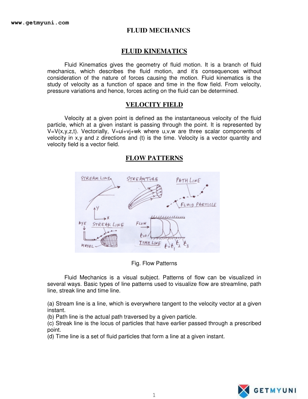 Fluid Mechanics Fluid Kinematics Velocity Field Flow Patterns