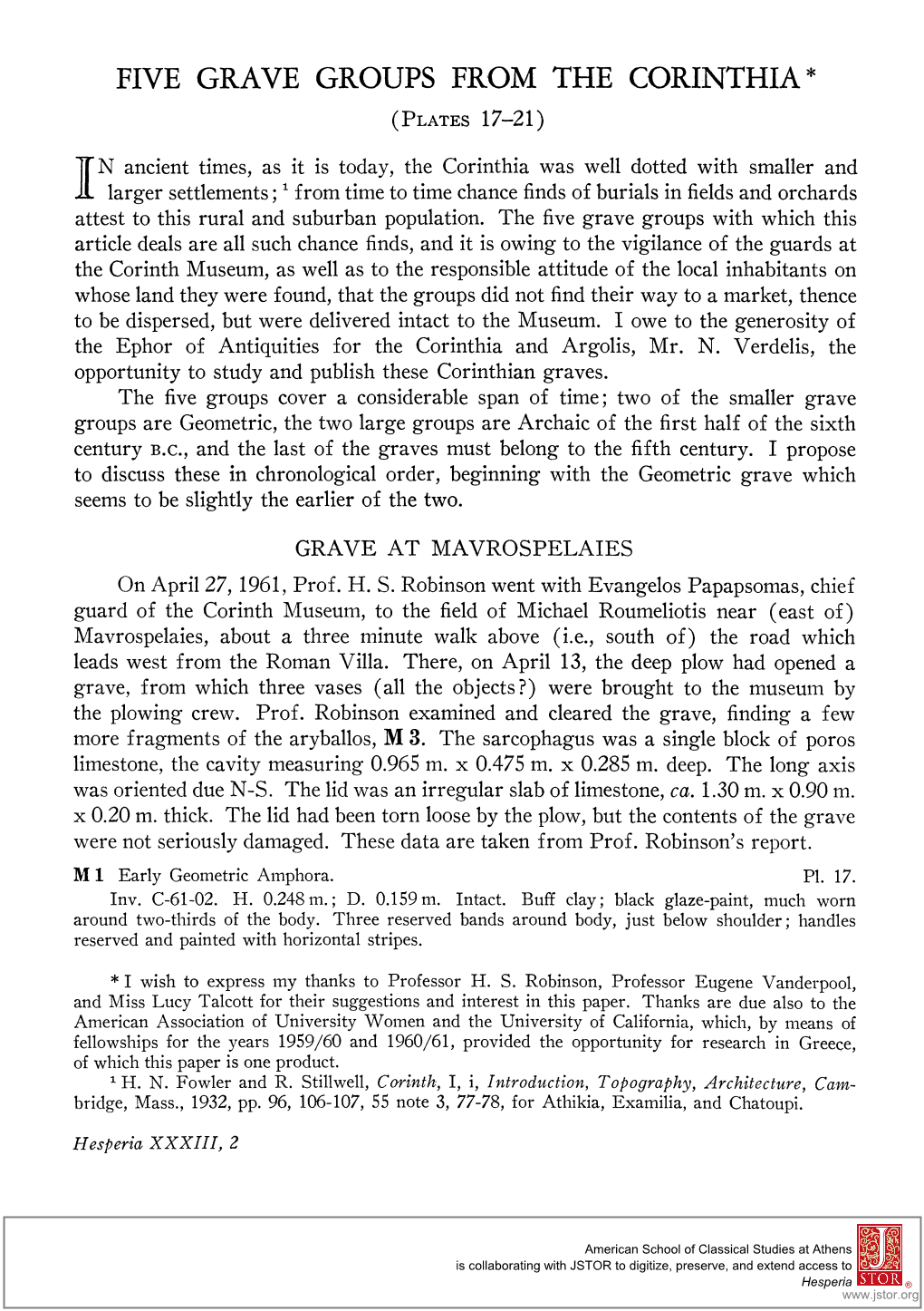 Five Grave Groups from the Corinthia* (Plates 17-21)