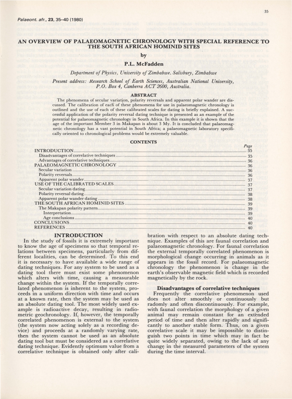 AN OVERVIEW of PALAEOMAGNETIC CHRONOLOGY with SPECIAL REFERENCE to the SOUTH AFRICAN HOMINID SITES by P.L