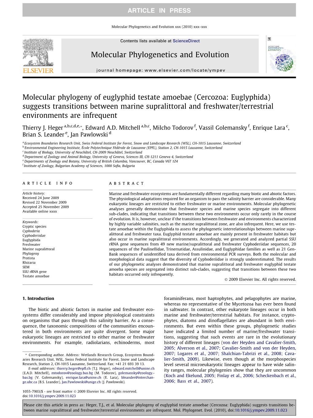 Molecular Phylogeny of Euglyphid Testate Amoebae