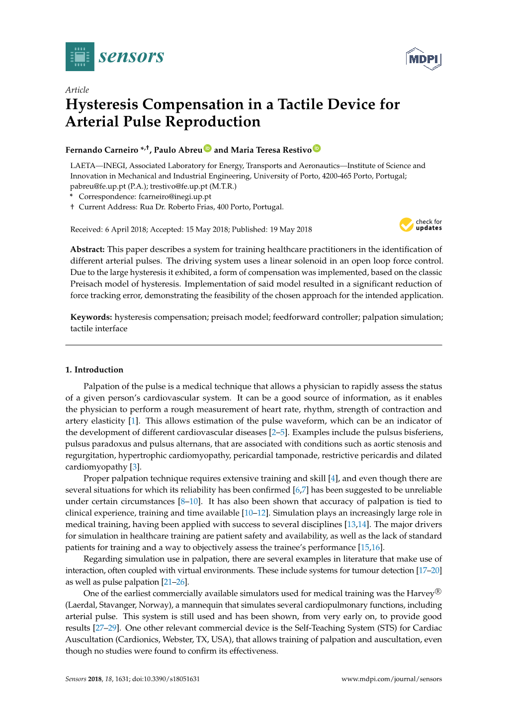 Hysteresis Compensation in a Tactile Device for Arterial Pulse Reproduction