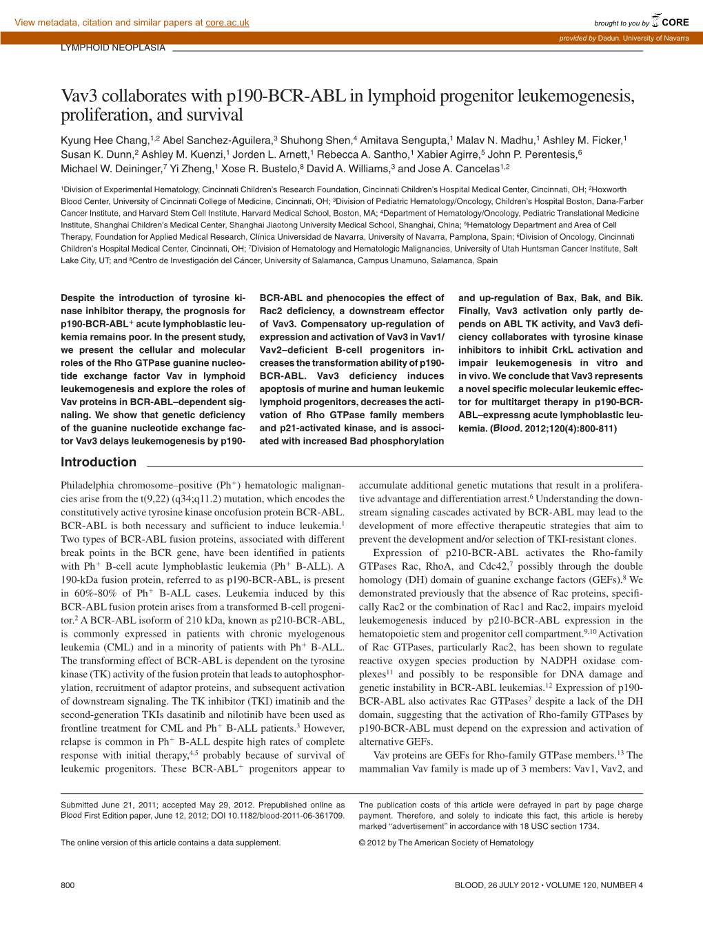 Vav3 Collaborates with P190-BCR-ABL in Lymphoid Progenitor Leukemogenesis, Proliferation, and Survival