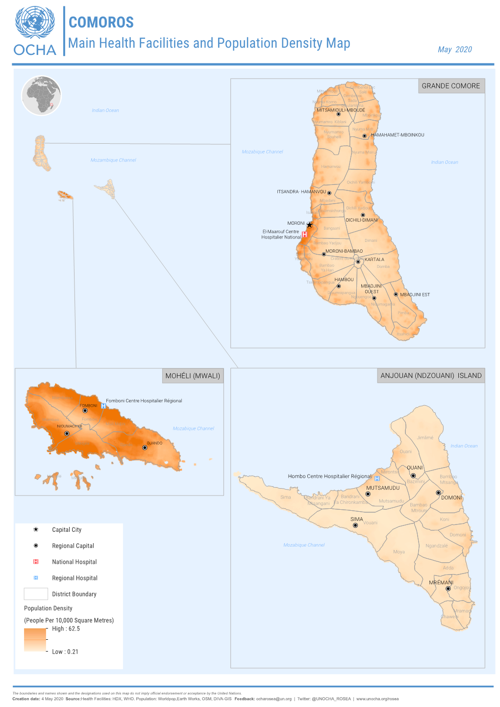 COMOROS Main Health Facilities and Population Density