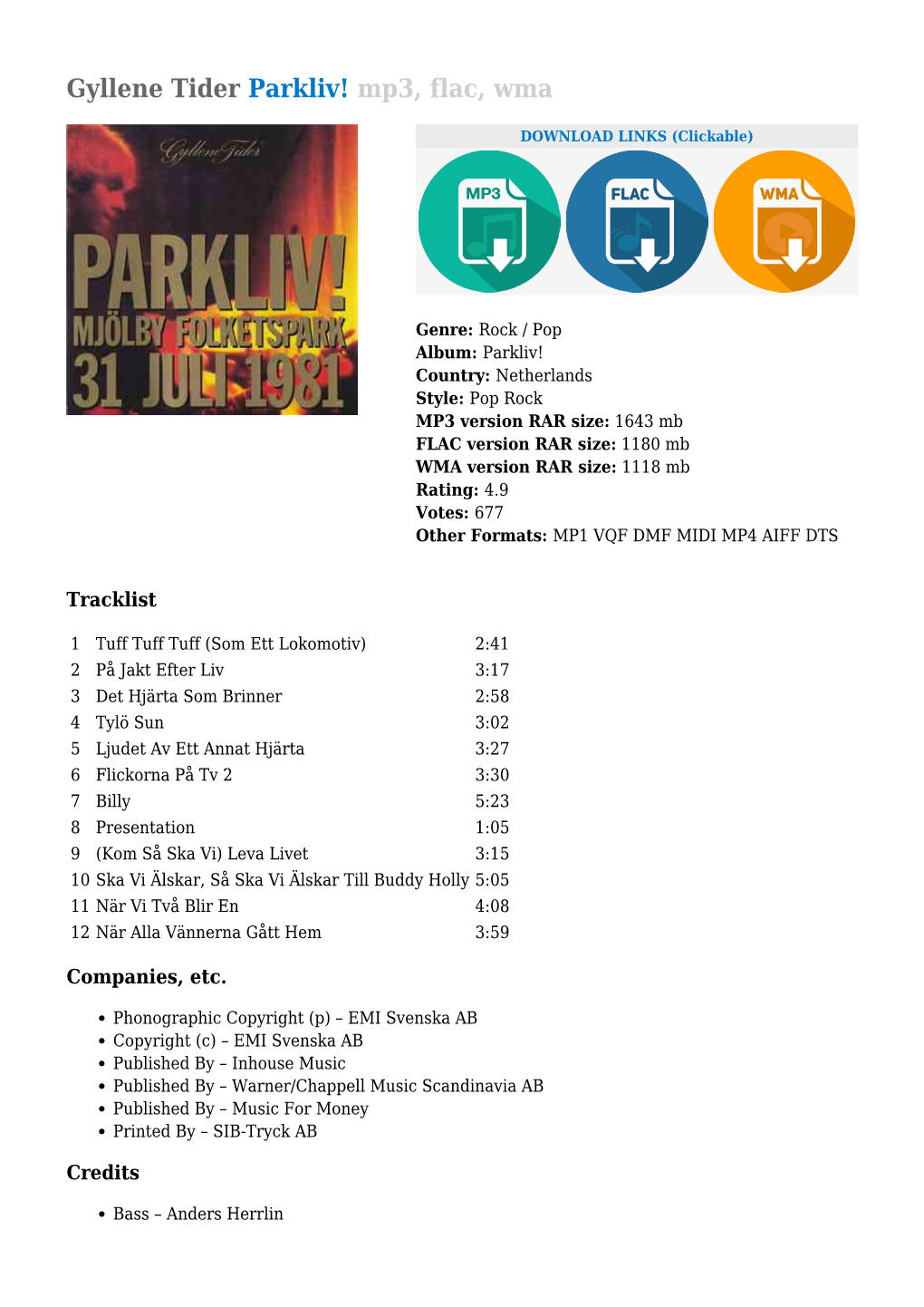 Gyllene Tider Parkliv! Mp3, Flac, Wma