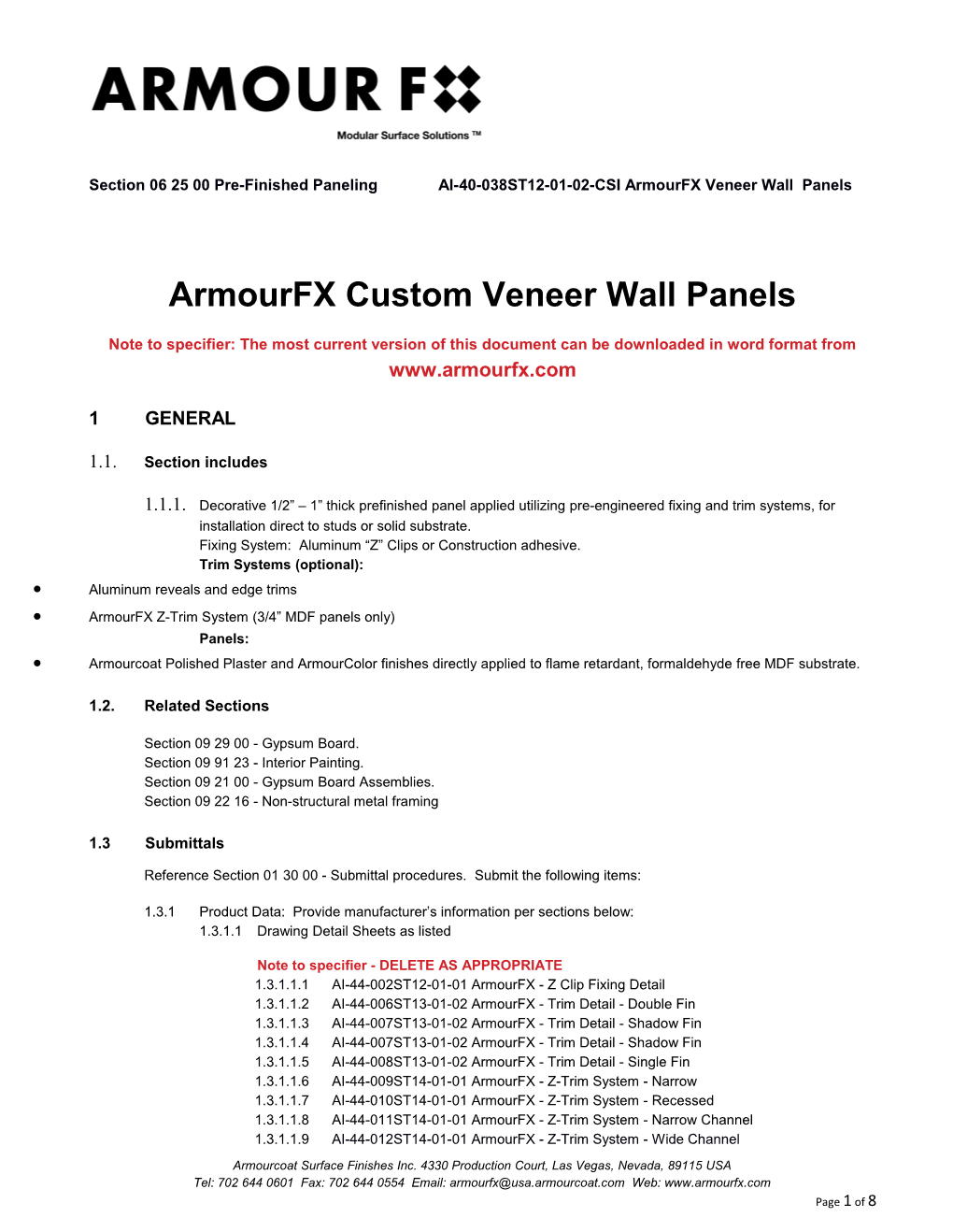 Section 06 25 00 Pre-Finished Paneling AI-40-038ST12-01-02-CSI Armourfx Veneer Wall Panels