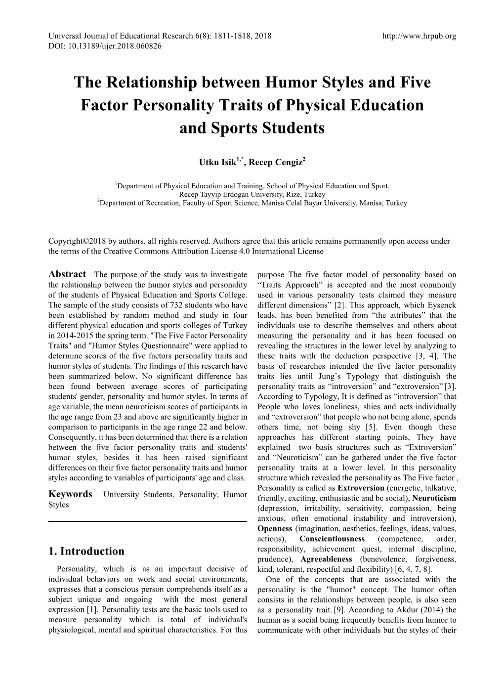 The Relationship Between Humor Styles and Five Factor Personality Traits of Physical Education and Sports Students