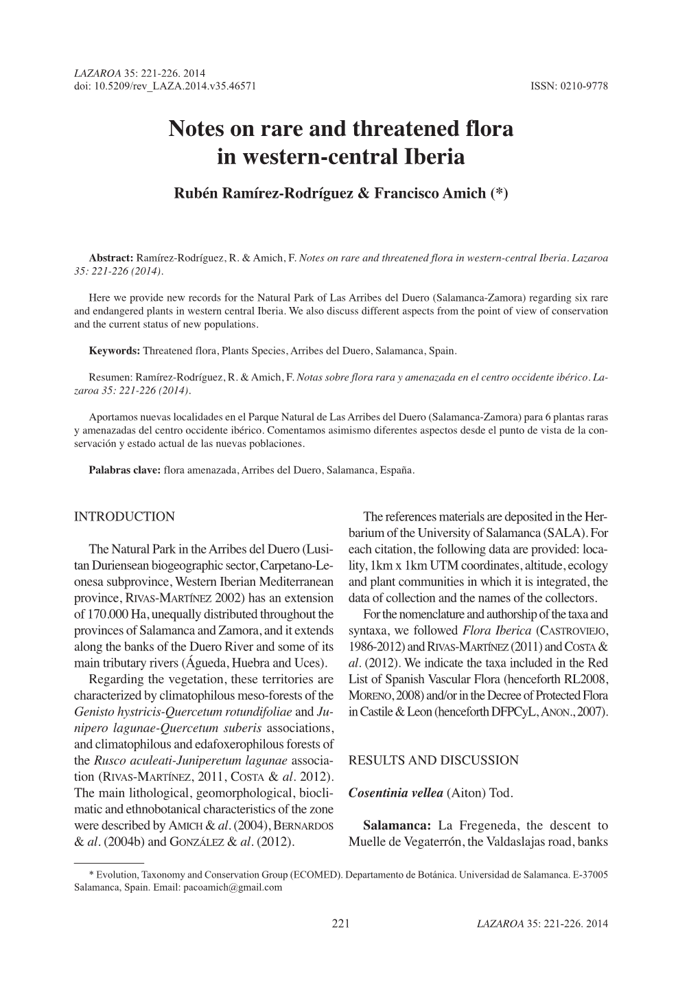 Notes on Rare and Threatened Flora in Western-Central Iberia Rubén Ramírez-Rodríguez & Francisco Amich (*)