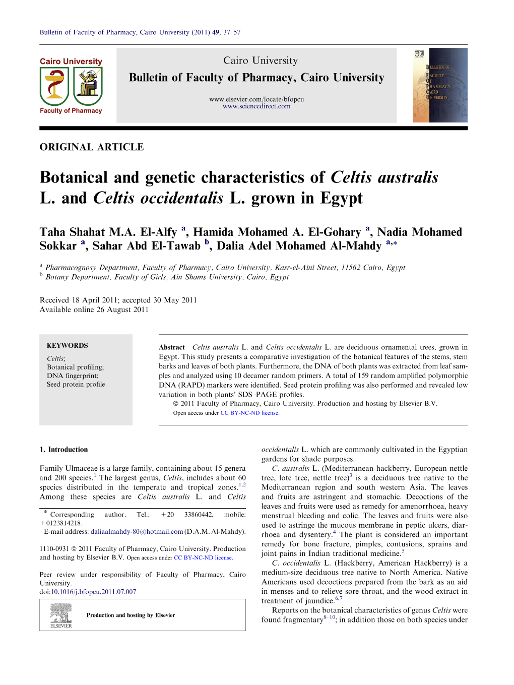 Botanical and Genetic Characteristics of Celtis Australis L. and Celtis Occidentalis L