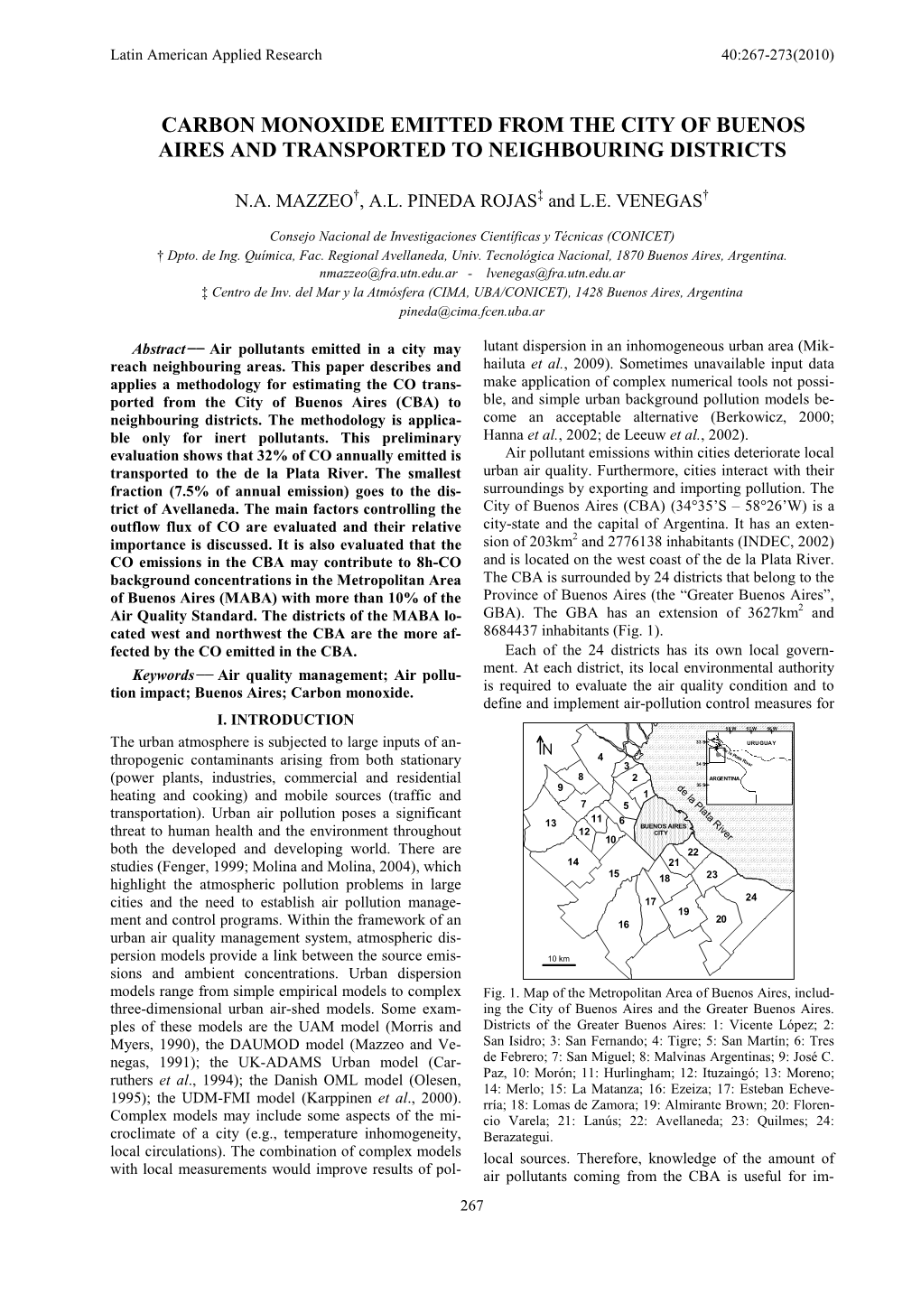 Carbon Monoxide Emitted from the City of Buenos Aires and Transported to Neighbouring Districts