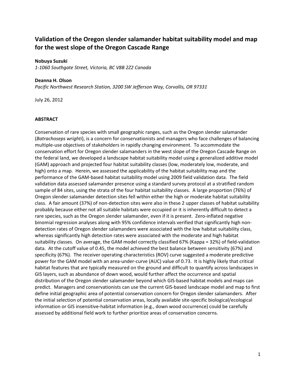 Validation of the Oregon Slender Salamander Habitat Suitability Model and Map for the West Slope of the Oregon Cascade Range