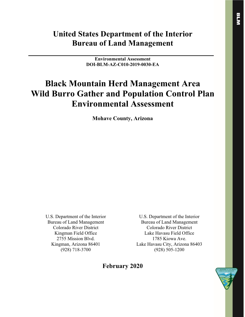 Black Mountain Herd Management Area Wild Burro Gather and Population Control Plan Environmental Assessment