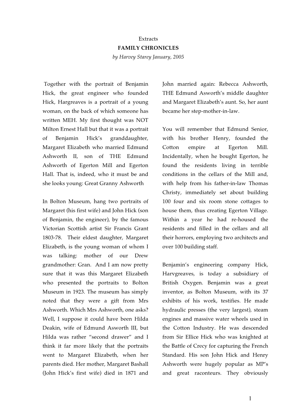 FAMILY CHRONICLES by Harvey Starey January, 2005