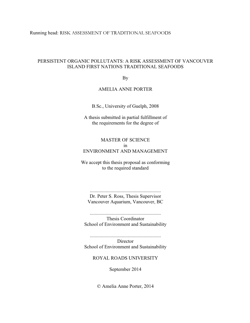 Persistent Organic Pollutants: a Risk Assessment of Vancouver Island First Nations Traditional Seafoods