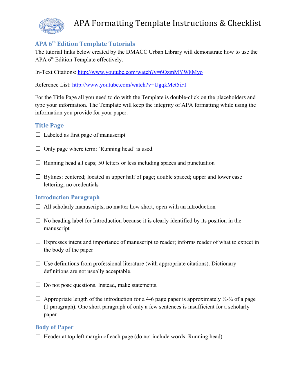 APA Formatting Template Instructions & Checklist