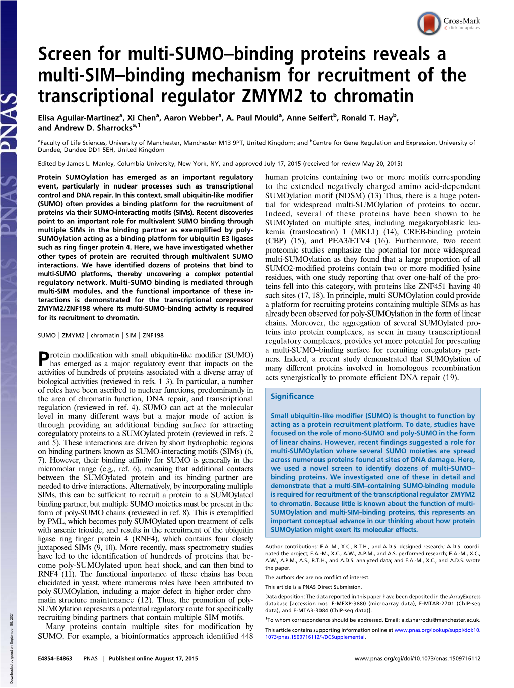 Screen for Multi-SUMO–Binding Proteins Reveals a Multi-SIM–Binding Mechanism for Recruitment of the Transcriptional Regulator ZMYM2 to Chromatin