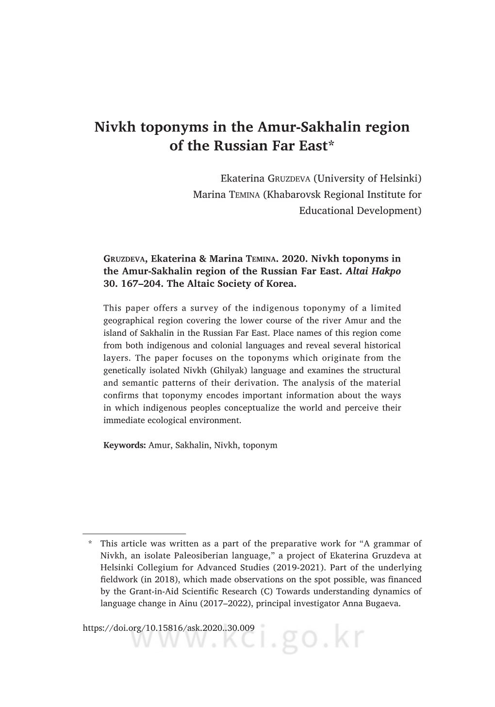 Nivkh Toponyms in the Amur-Sakhalin Region of the Russian Far East*