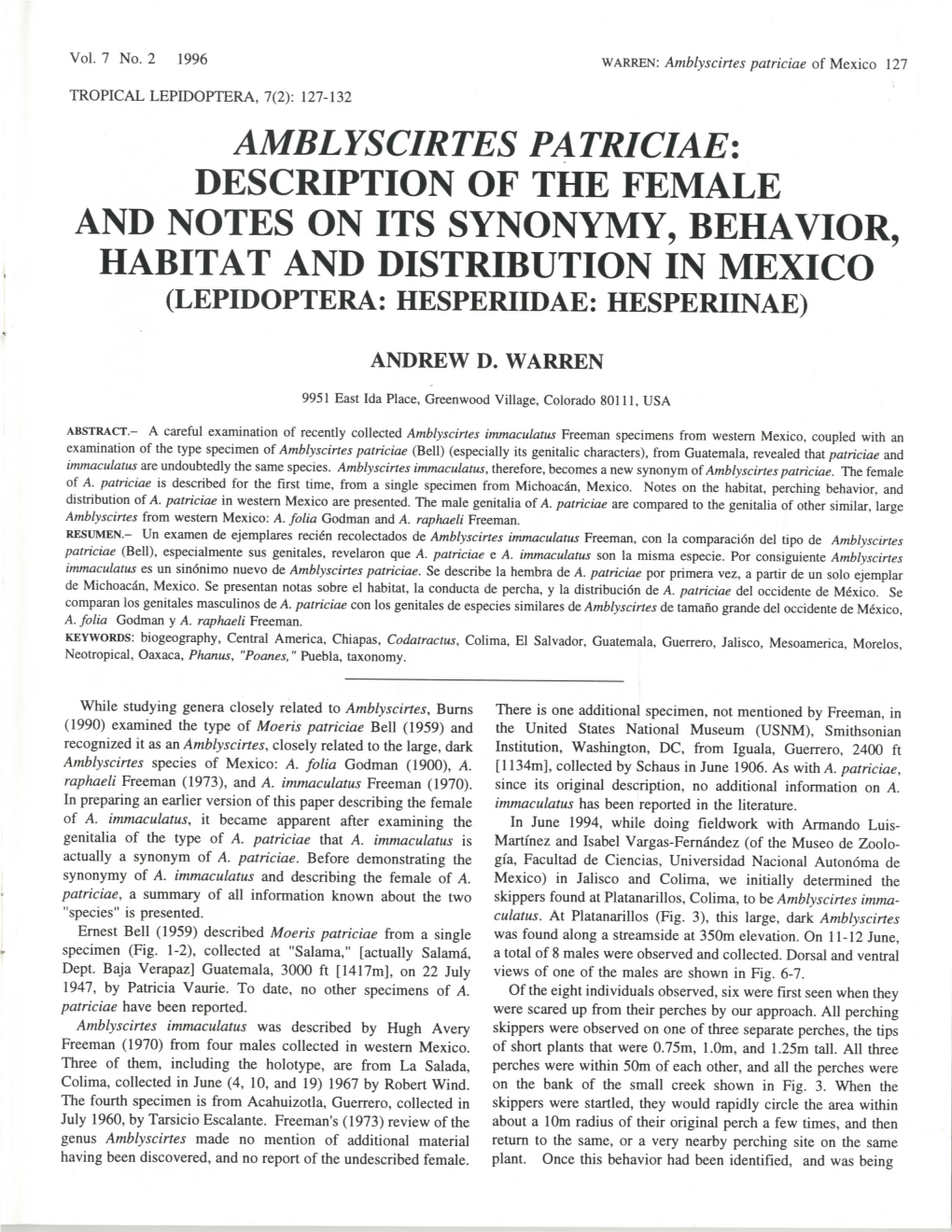 Amblyscirtes Patricias: Description of the Female and Notes on Its Synonymy, Behavior, Habitat and Distribution in Mexico (Lepidoptera: Hesperiidae: Hesperiinae)