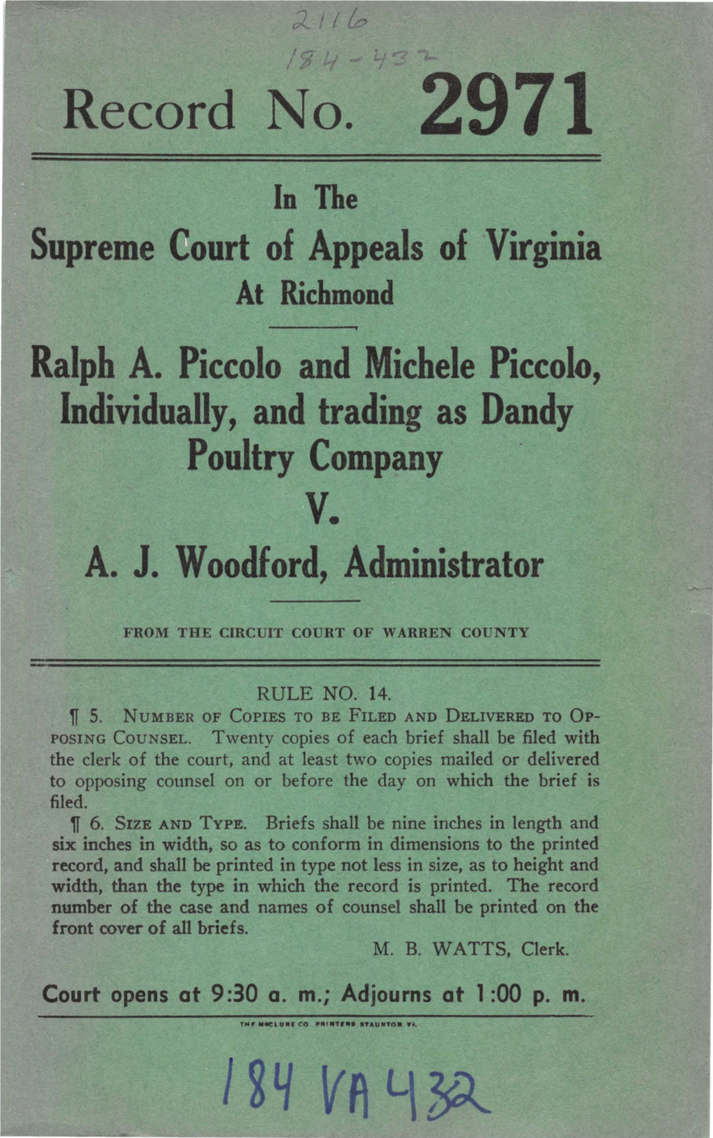 Record No. 2971 in the Supreme Ourt of Appeals of Virginia at Richmond Ralph A