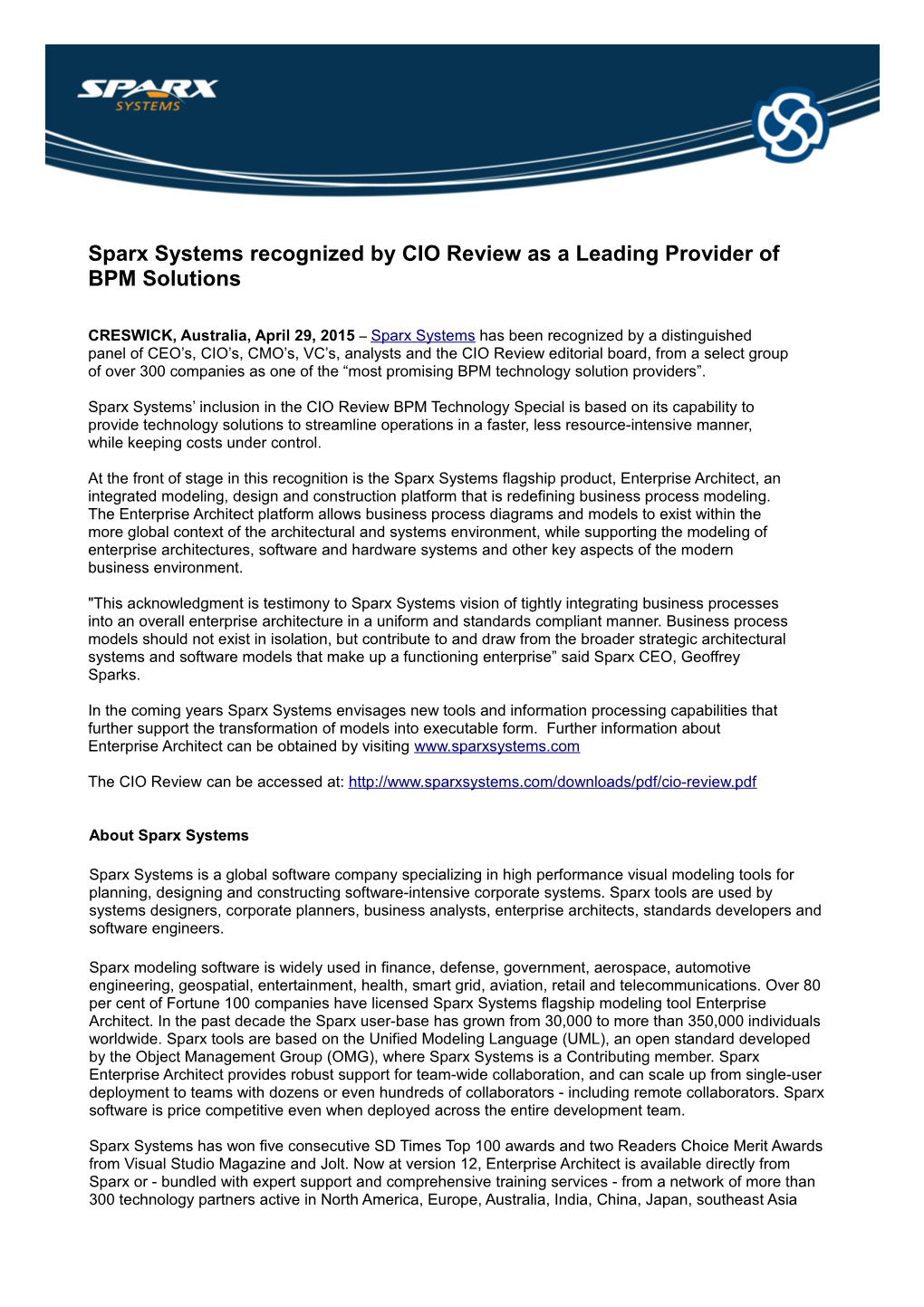 Sparx Systems Recognized by CIO Review As a Leading Provider of BPM Solutions