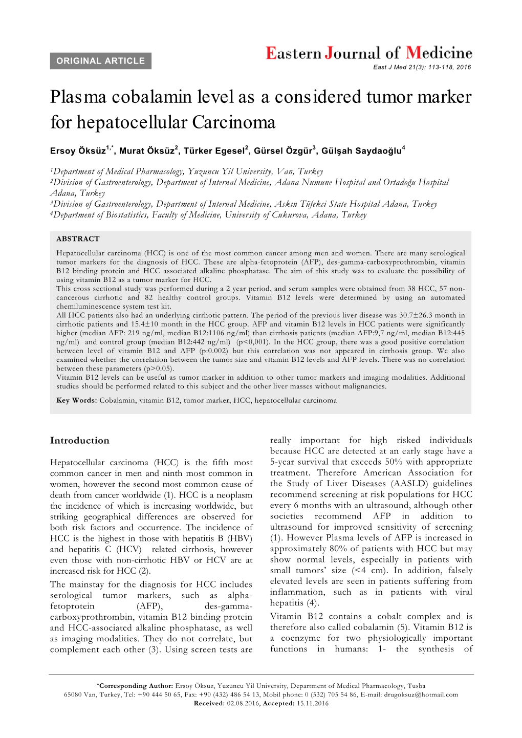 Plasma Cobalamin Level As a Considered Tumor Marker for Hepatocellular Carcinoma