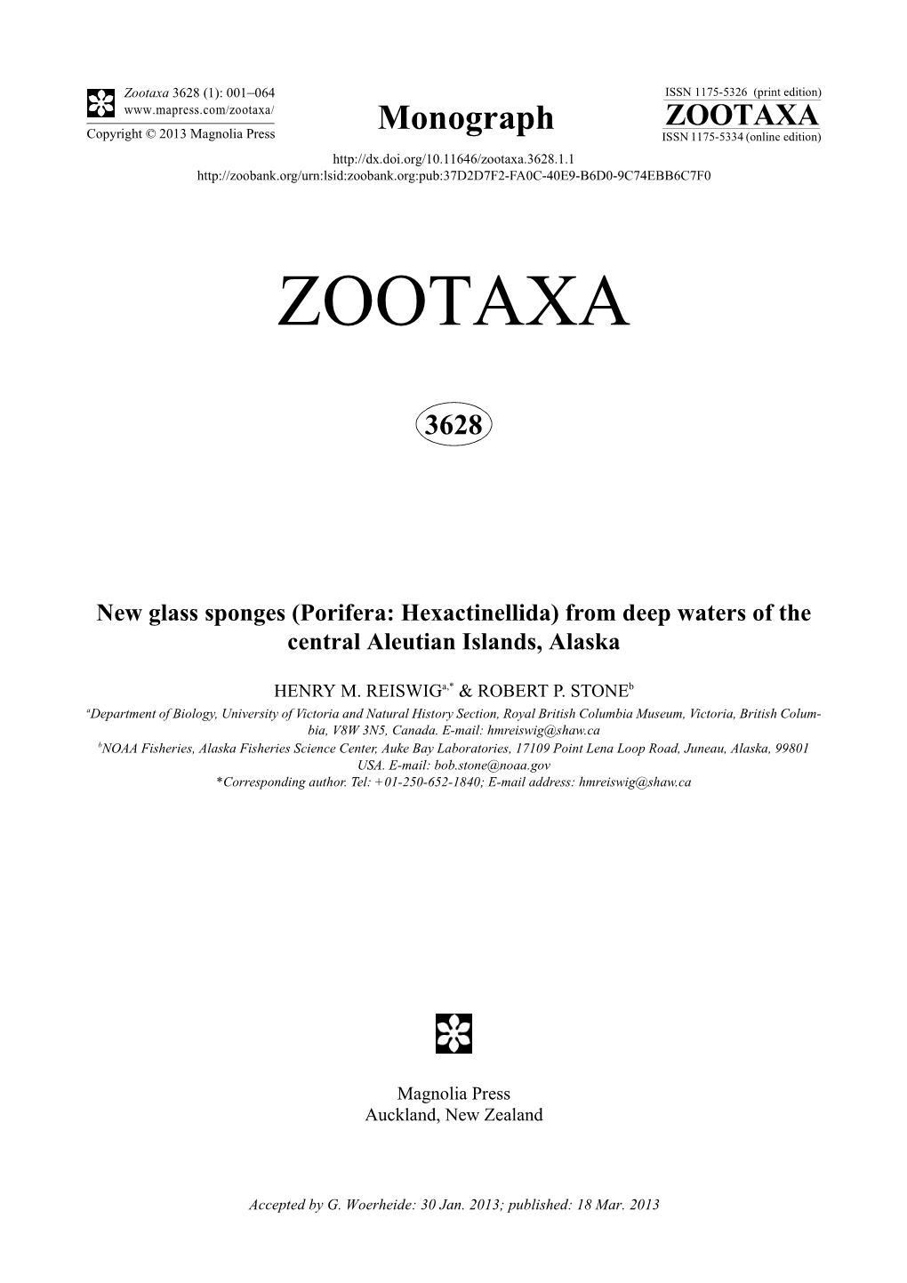 (Porifera: Hexactinellida) from Deep Waters of the Central Aleutian Islands, Alaska