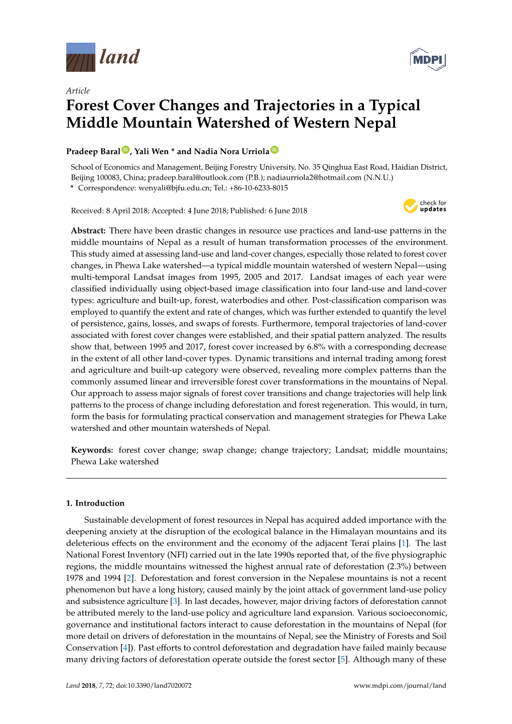 Forest Cover Changes and Trajectories in a Typical Middle Mountain Watershed of Western Nepal