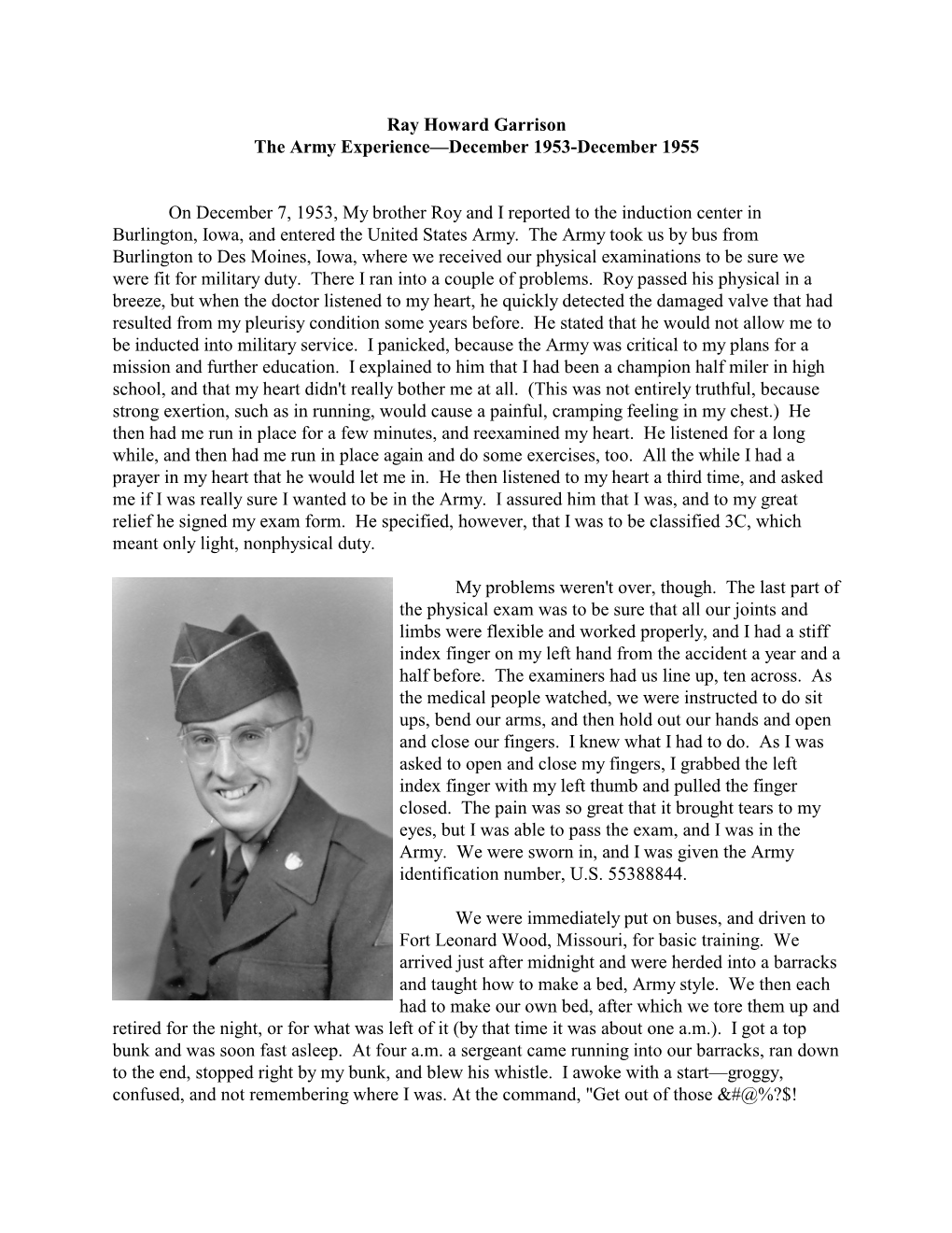 Ray Howard Garrison the Army Experience—December 1953-December 1955