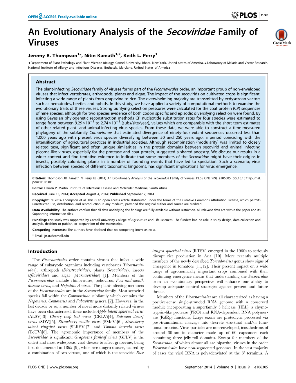 An Evolutionary Analysis of the Secoviridae Family of Viruses