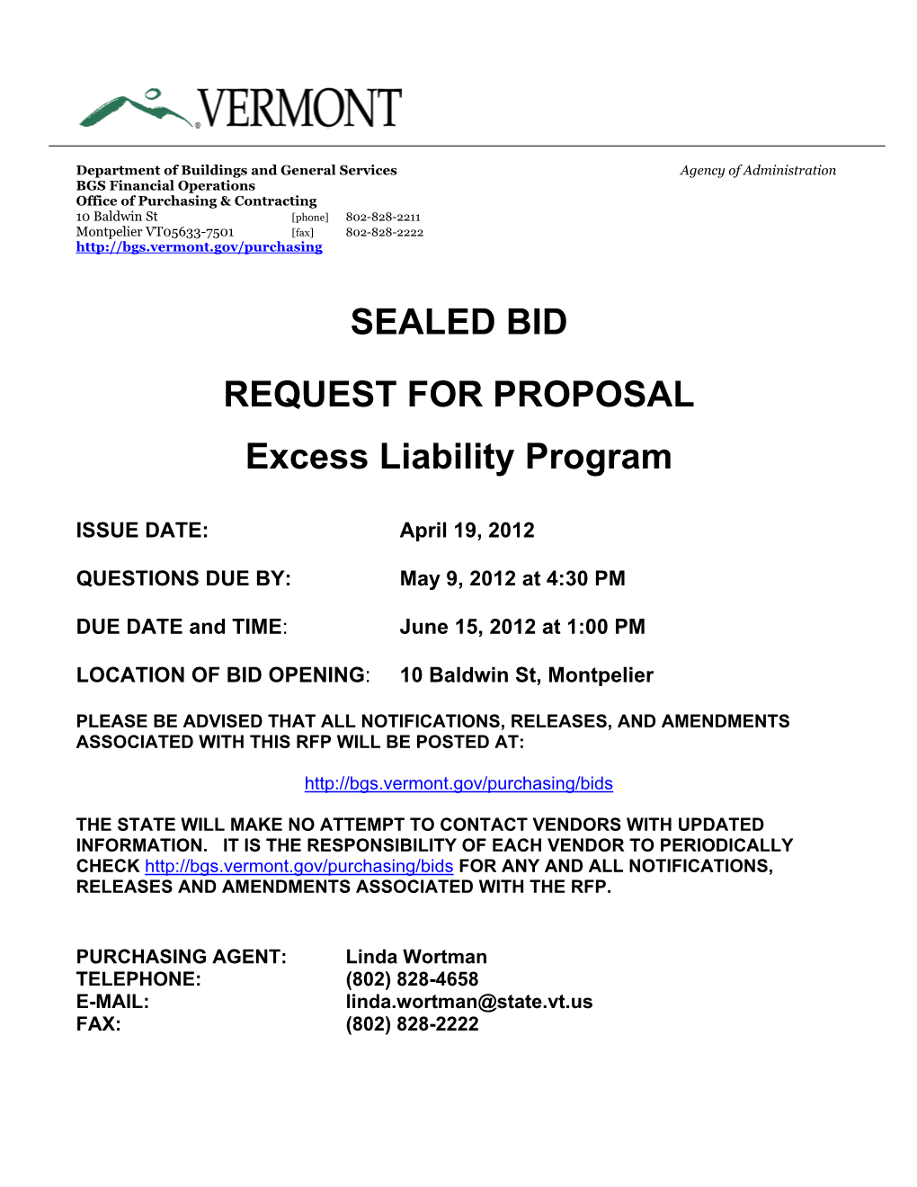 SEALED BID REQUEST for PROPOSAL Excess Liability Program